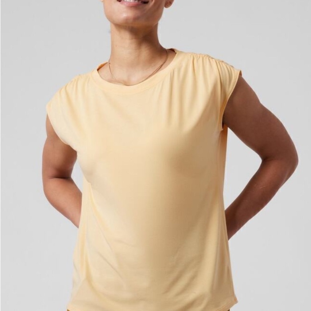 Athleta | Getaway Tee| Lunaria Yellow | Ruched Sleeveless Relaxed Fit | Sz SP